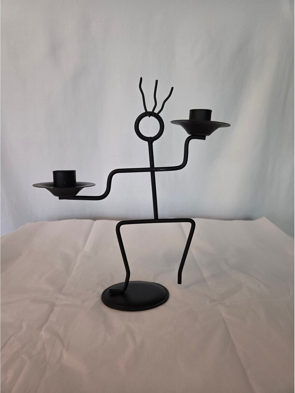 Vintage Black Metal Dual Candle Holder Figurine